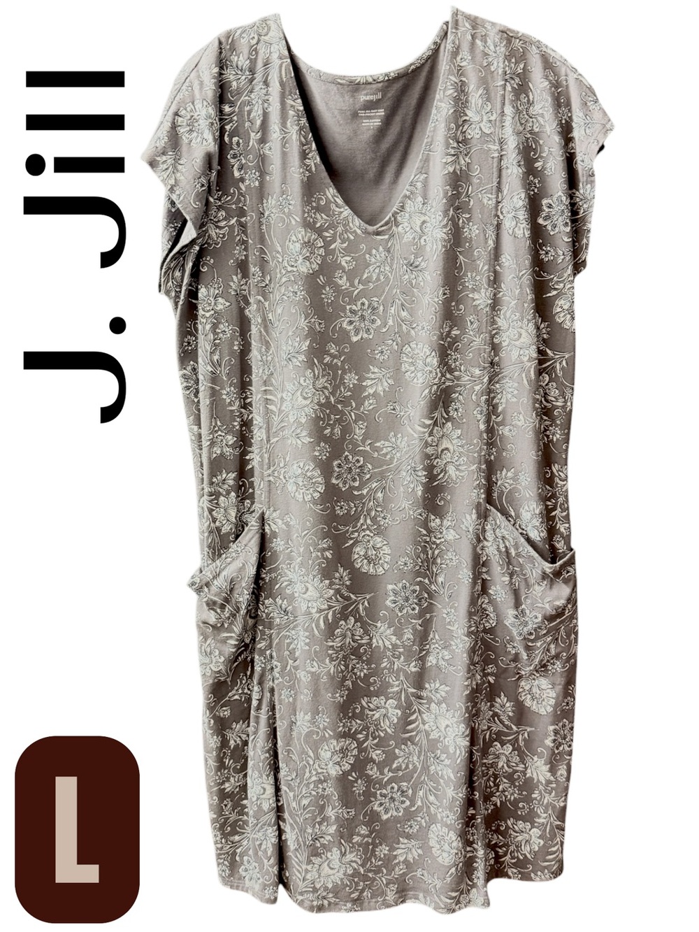 J. Jill Taupe Grey Floral V-Neck Pocket Tunic Dress
